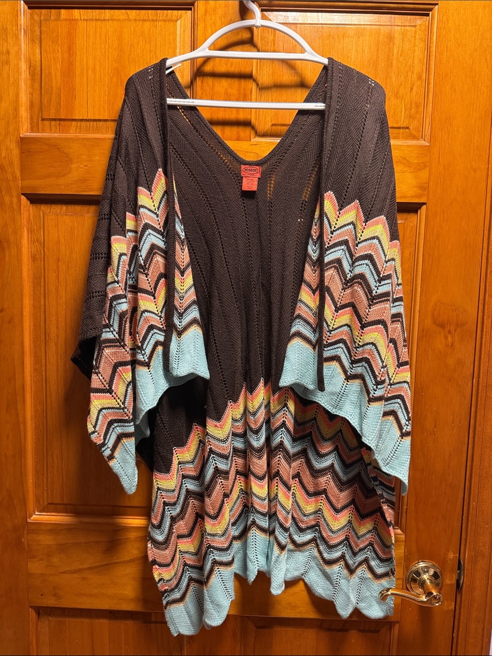 Missoni Brown Chevron Knit Poncho with Pastel Blue, Peach and Pink Accents